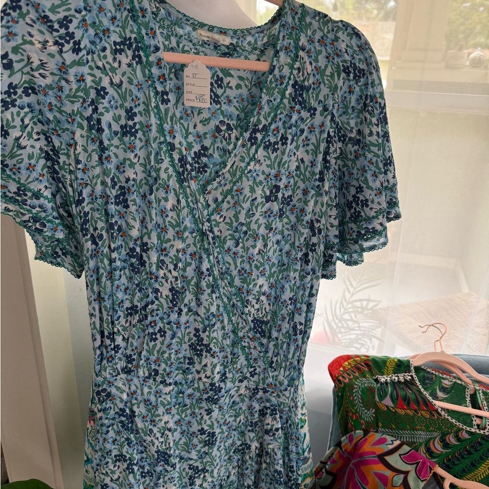 Poupette St. Barth Blue Green Flutter Sleeve Wrap Blouse